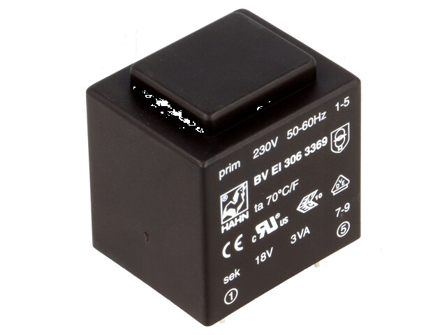 Transformator: ingegoten; 3VA; 230VAC; 18V; 167mA; PCB; BVEI Transformator: ingegoten; 3VA; 230VAC; 18V; 167mA; PCB; BVEI
